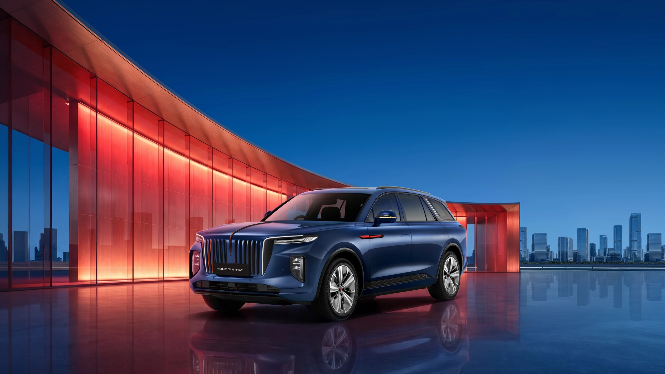 HONGQI E-HS9 beside an illuminated pavilion, supplier RHD campaign artwork
